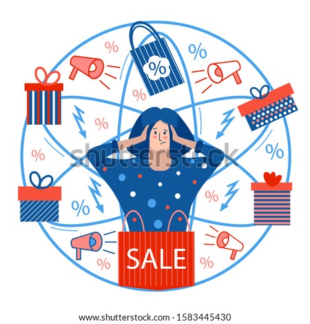 Stressed nervous tired woman with headache, shutting ears. Too much new year shopping - problem. Need to buy presents, gifts. Creative concept of multitasking mode. Xmas advertisement, sale. Red, blue