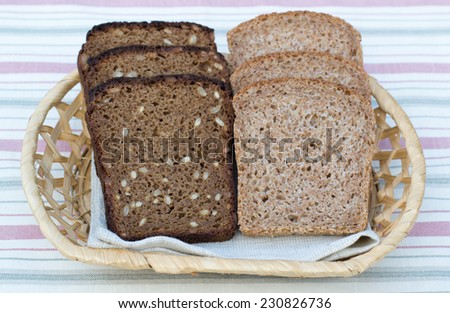 two types of sliced bread in a basket on table