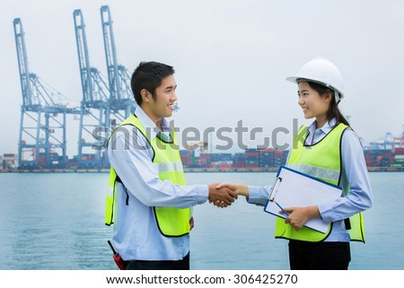 Engineers men handshake agreement with female engineers. And make sense in the delivery