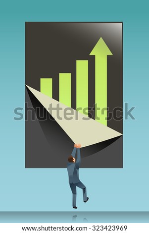 Business man showing the growth graph.The Changes to better graph.Surprise of business.Illustration for idea of business.Approach to communication for business. Graphic design and vector EPS 10.