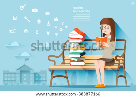 The self learning. Review of Books. Reading In Public Areas. Woman sitting on a bench in the park. Lifestyle urban.