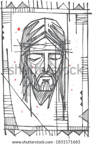 Hand drawn illustration or drawing of Jesus Christ face at the Crucifixion