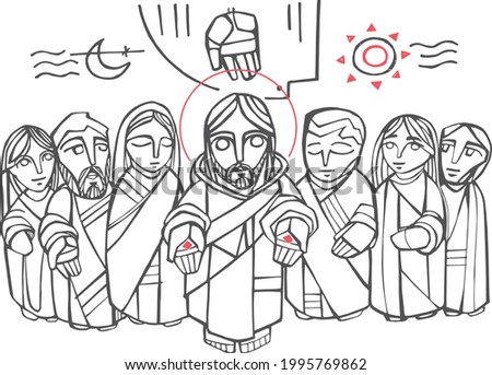 Hand drawn vector illustration or drawing of Jesus Christ, Virgin Mary, disciples and christian religious symbols
