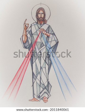 Hand drawn illustration or painting of Jesus Christ of the Divine Mercy 商業照片 © 
