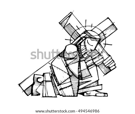 Hand drawn vector illustration or drawing of Jesus Christ carrying the Cross