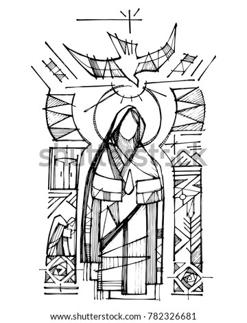 Hand drawn vector ink illustration or drawing of Virgin Mary, Holy Spirit and religious Christian symbols