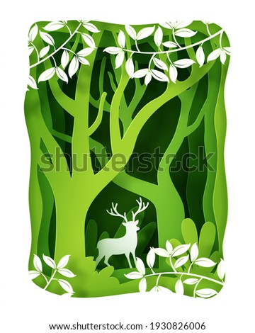 Vector landscape with deep forest plantation and deer. Eps 10 Vector.