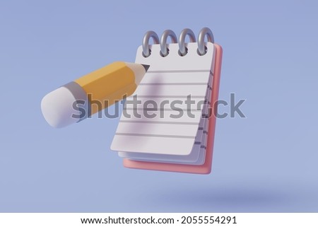 Note book and pencil 3D icon isolated on blue, Remind or checklist and education concept, EPS10 Vector