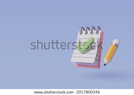 Note book and pencil 3D icon isolated on blue, Remind or checklist and education concept, EPS10 Vector