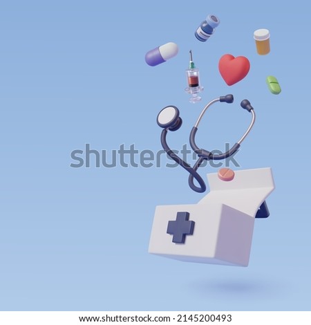 Medical equipment 3d cartoon style, Vaccine, stethoscope, capsule, pills and medicine box, Healthcare and medical Concept.