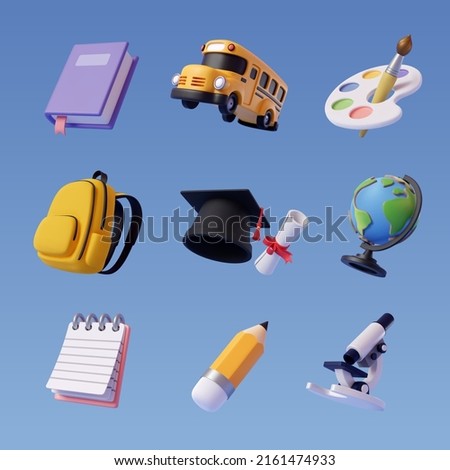 Collection of 3d back to school icon isolated on blue, Education and online class concept. Eps 10 Vector. Сток-фото © 