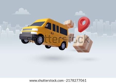 3d Vector Delivery Van with Box cargo, Delivery and online shopping concept. Eps 10 Vector.