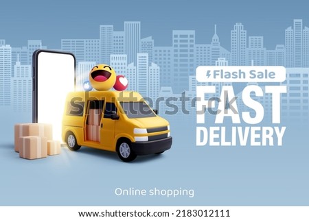 3d Vector of Express delivery van. Fast delivery and shipping on blue town background. Fast delivery, express and urgent shipping concept.
