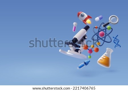 Set of 3d Science icon, Science and technology of astronomy, physics, chemistry, biology, concept. 