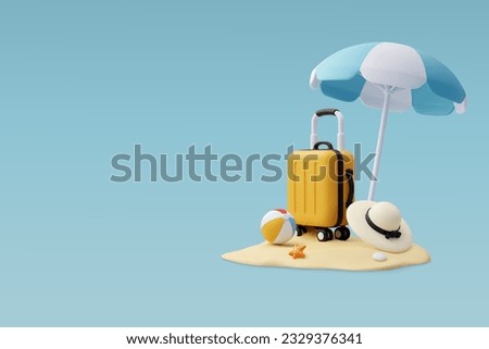 3d Vector luggage, Blue Umbrella and Ball, Summer holiday, Time to travel concept. Eps 10 Vector.
