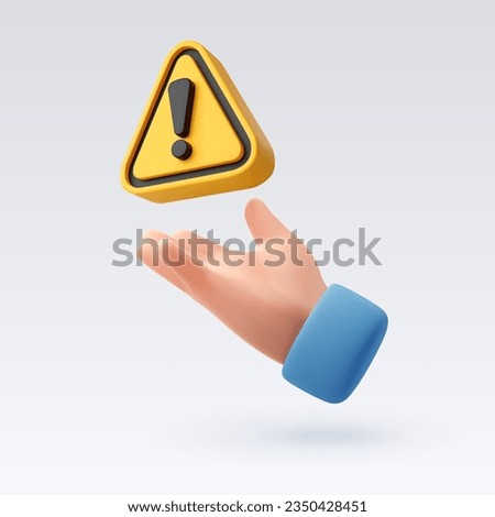 3d Yellow warning sign on human hand, business and finance caution concept. Eps 10 Vector.