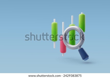 3d Vector Candle stick chart and magnifier search, Market trend analysis, Financial investment, Business and financial concept. Eps 10 Vector.