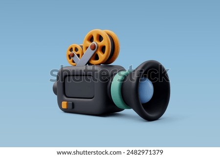 3d Vector Video camera with films, Film recorder, Movie, Clips, Entertainment equipment concept. Eps 10 Vector. 