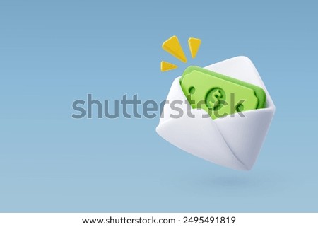 3d Vector Opened envelope with green banknotes, Salary, Dollar bills, Business financial investment concept. Eps 10 Vector.