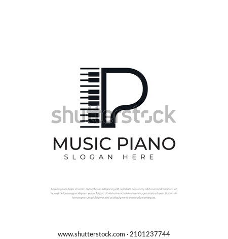 Logo letter P piano instrument or playing music. with an illustrated keyboard. two variations of black on white background isolated. apply to logo applications, school logos