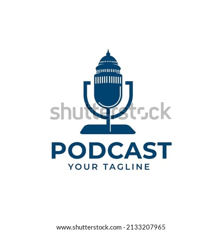 Podcast Logo United States Capitol building icon in Washington DC, podcast microphone forming a city silhouette illustration