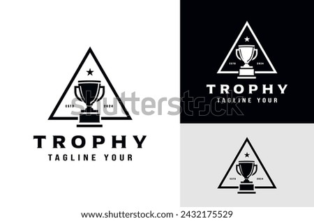 Championship Trophy with Simple Triangle Label Design behind Trophy, Winning Symbol Award Place icon on Dark and White Background