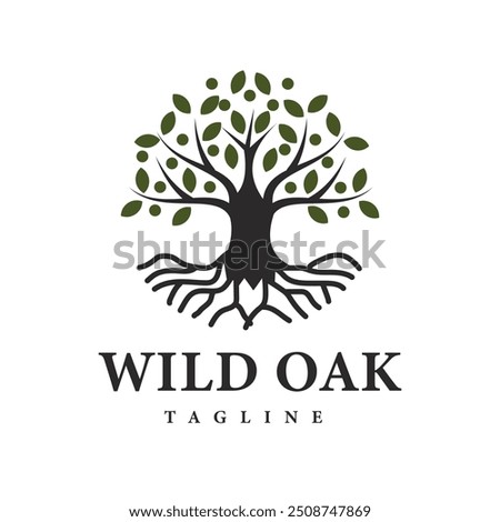 Wild Oak Logo Design silhouette of a sturdy oak tree with deep roots