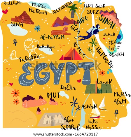 Egypt map flat hand drawn vector illustration. Egyptian cities names lettering and cartoon landmarks, tourist attractions cliparts. Egypt travel, trip comic infographic poster, banner concept design