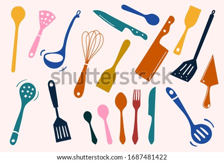 Colorful sets of silhouette kitchen tools: spade, ladle, knife, spoon, fork, spatula, knead, icon for cooking and dinning, create by vector