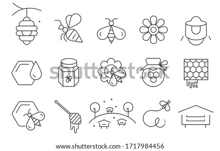Flat vector icons with a thin line. Set for mobile applications. Honey and beekeeping
