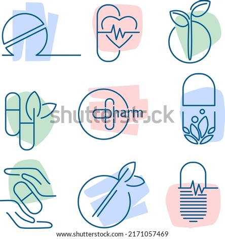 pharmacy, medicine, tablet logos template, vector set