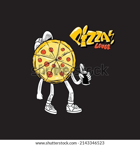 pizza character use a hat and holding spraypaint in graffiti illustration style