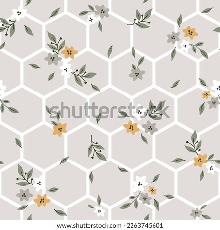 Honeycomb seamless pattern with doodle flowers. Design for textile, decoration, cards, paper goods, background, wallpaper, fabric and more. Vector illustration