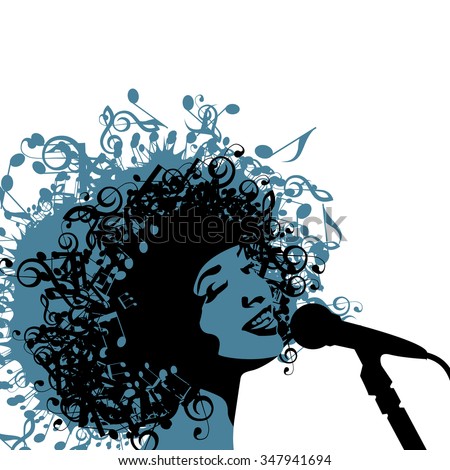 Head of Woman with Hair as Musical Symbols on a White Background. Vector Illustration