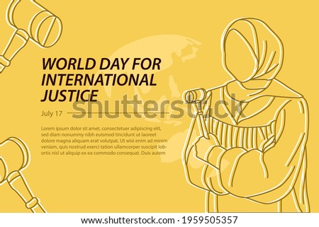 Line Art Illustration of Hijab Woman Holding Judge Hammer. Young Arabian Muslim on The World Day for International Justice Hand Drawn Concept.