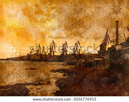 Industrial Landscape. Silhouettes of portal cranes against a brown sunset sky. Commercial docks of the seaport. Digital watercolor painting. Digital art