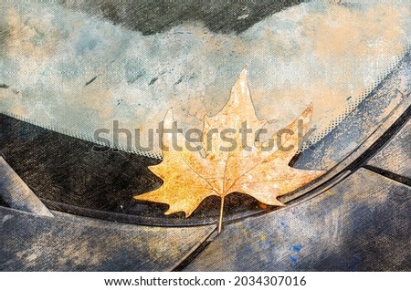 Yellow leaf on car windshield. Wet leaf lies on a parked car. Autumn time. Digital watercolor painting
