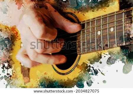 Musician playing acoustic guitar. Close-up of the guitarist's hand. Modern digital watercolor painting.