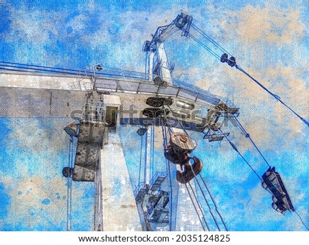 Cargo jibs of cranes. Portal and vessel crane against the blue sky. Steel ropes with hooks. Cargo-handling machines. Digital watercolor painting. Modern Art