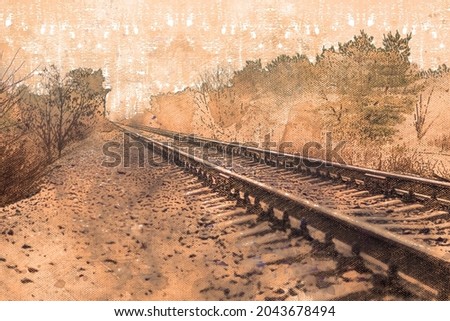 Rails going into the distance. Railroad in an autumn deciduous forest. Digital watercolor painting.