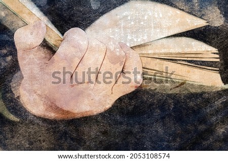 A hand holding an open book. College instructor lecturing students from a textbook. Digital watercolor painting.