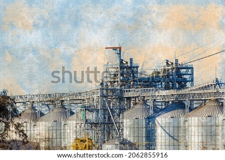 Modern grain elevator at the seaport. Silos, conveyor lines, elevator towers. Industry, global trade. Digital watercolor painting.