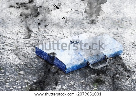 Lost blue case of documents on the pavement. Digital watercolor painting
