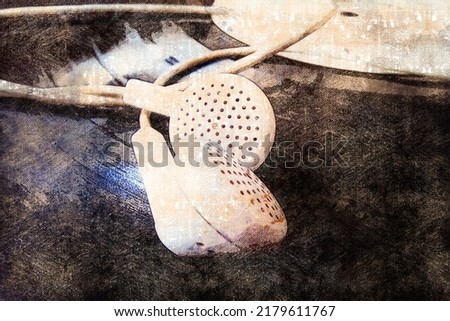White wired headphones lay on top of a vinyl gramophone record. Digital watercolor painting. Contemporary art. Canvas texture.