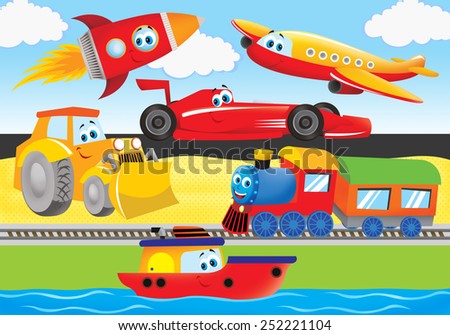 Plane, bulldozer, train, rocket, ship, racer for kids