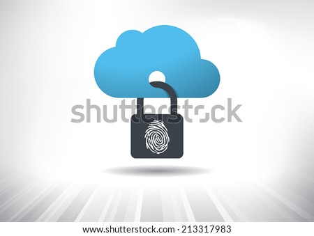 Cloud Security Concept. Cloud icon locked with biometric fingerprint padlock. Layered file for easy customization. Fully scalable vector illustration.