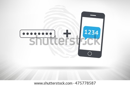 Two Step Verification. Password input field and mobile phone displaying verification code. Big fingerprint in the background