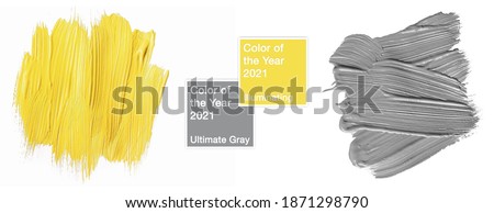 Colors of the year 2021 Illuminating yellow and ultimate gray. Sample of paint smear texture with geometric frame isolated on white background. trendy beauty, fashion, makeup design concept
