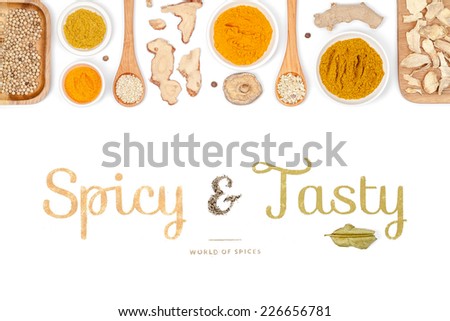 spicy and tasty, spices and herbs on white background