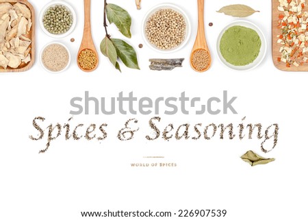 spices and seasoning on white background